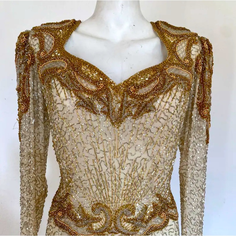 Vintage sequin dress, gold beaded dress OLEG CASSINI dress, white beaded dress